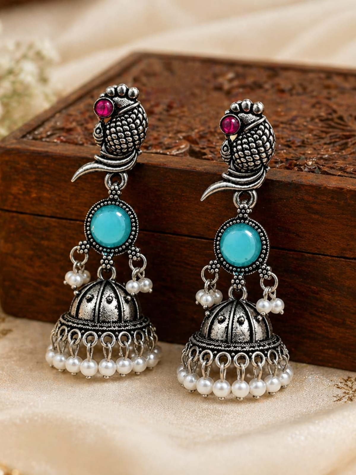 KAYAANSH Oxidized Silver Peacock Jhumka Earrings with Turquoise Stone & Pearl Drops