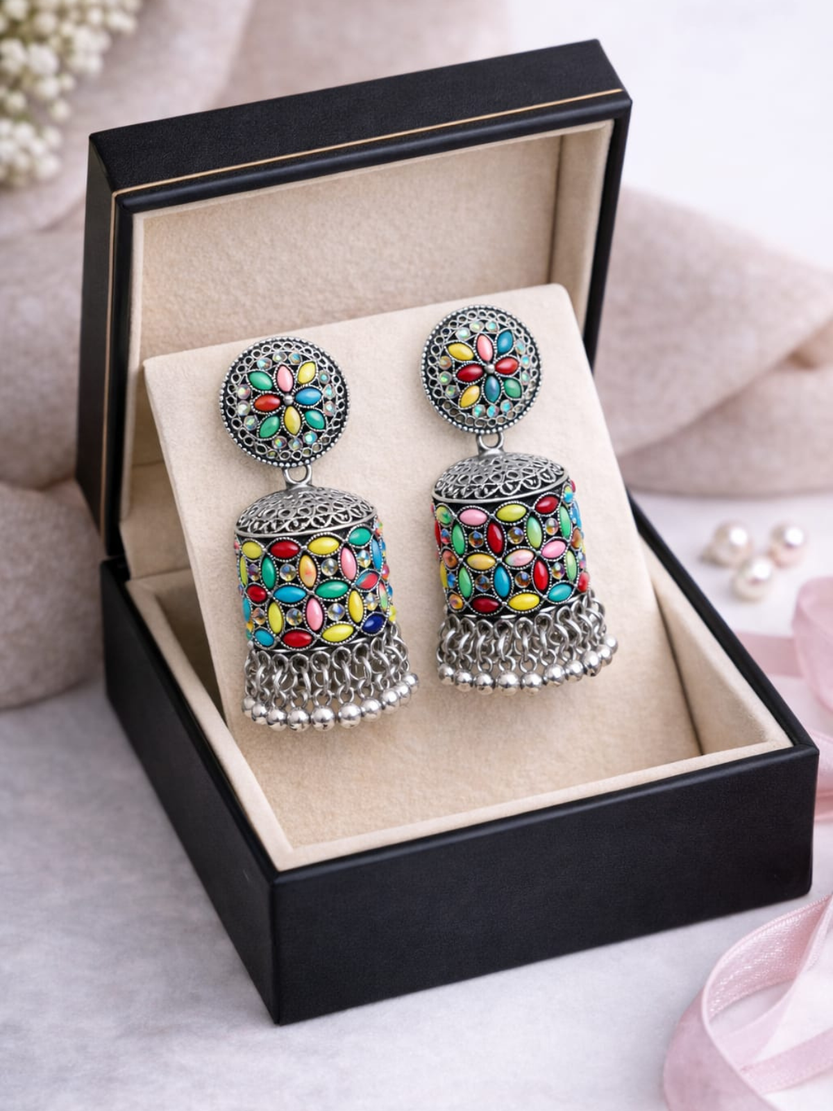 KAYAANSH Oxidized Silver Multicolor Mosaic Jhumka Earrings for Women & Girls