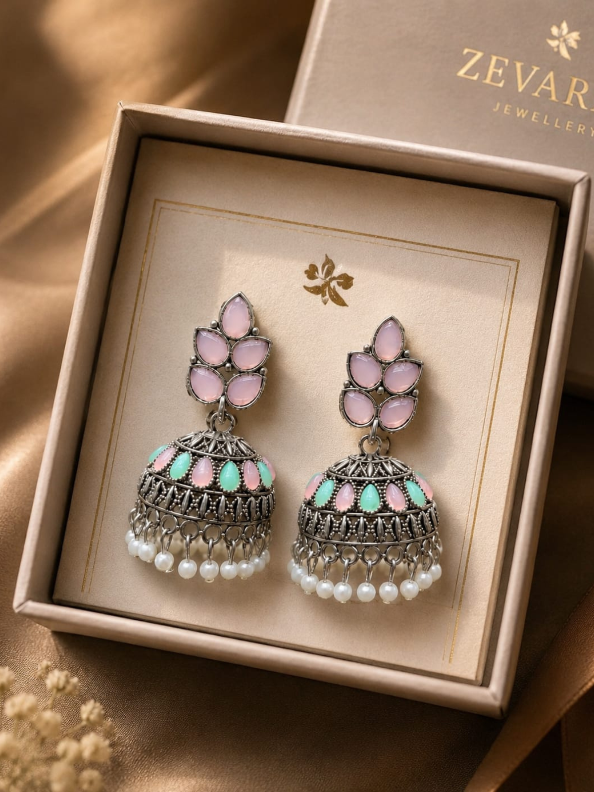 KAYAANSH Oxidized Silver Pastel Pink & Mint Floral Jhumka Earrings with Pearl Drops for Women