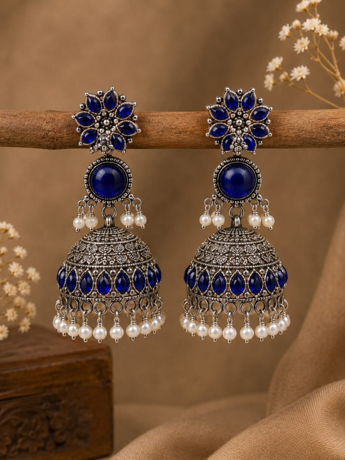 KAYAANSH Royal Blue Stone Oxidized Silver Jhumka Earrings with Pearl Drops for Women