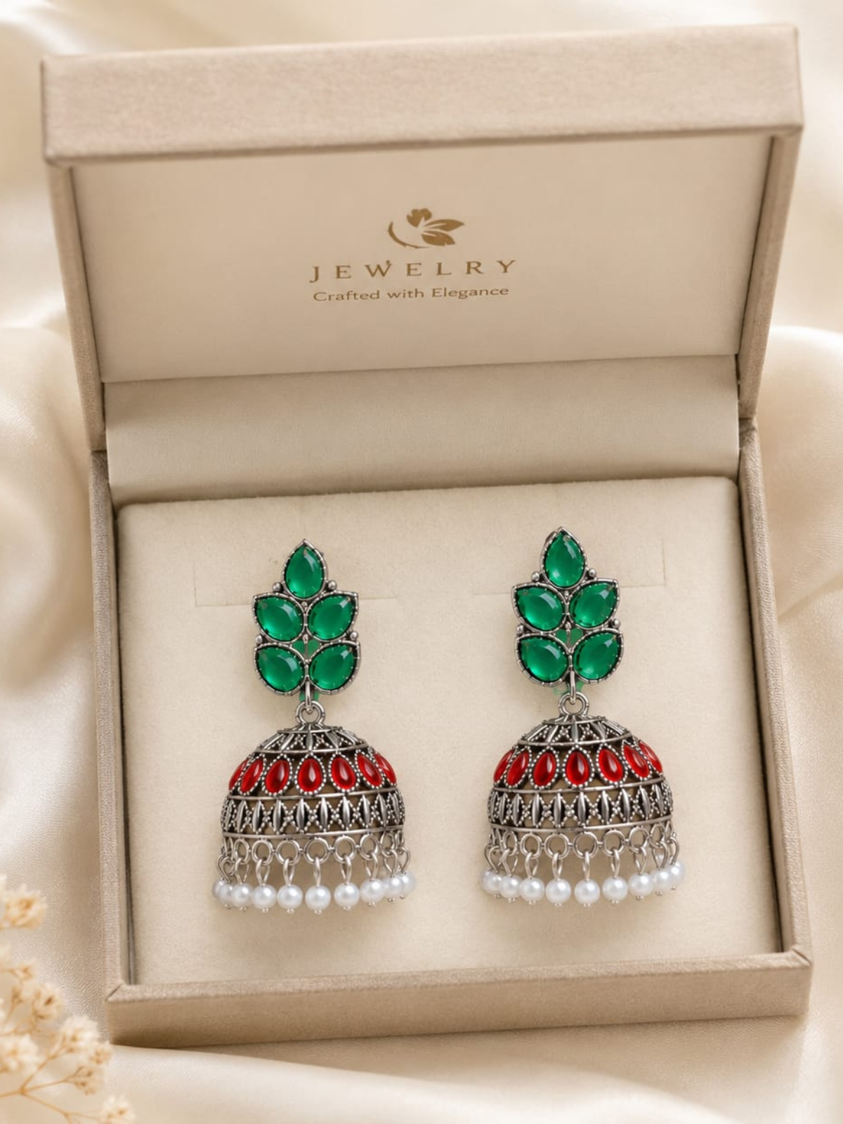 KAYAANSH Oxidized Silver Green & Red Stone Jhumka Earrings with Pearl Drops for Women