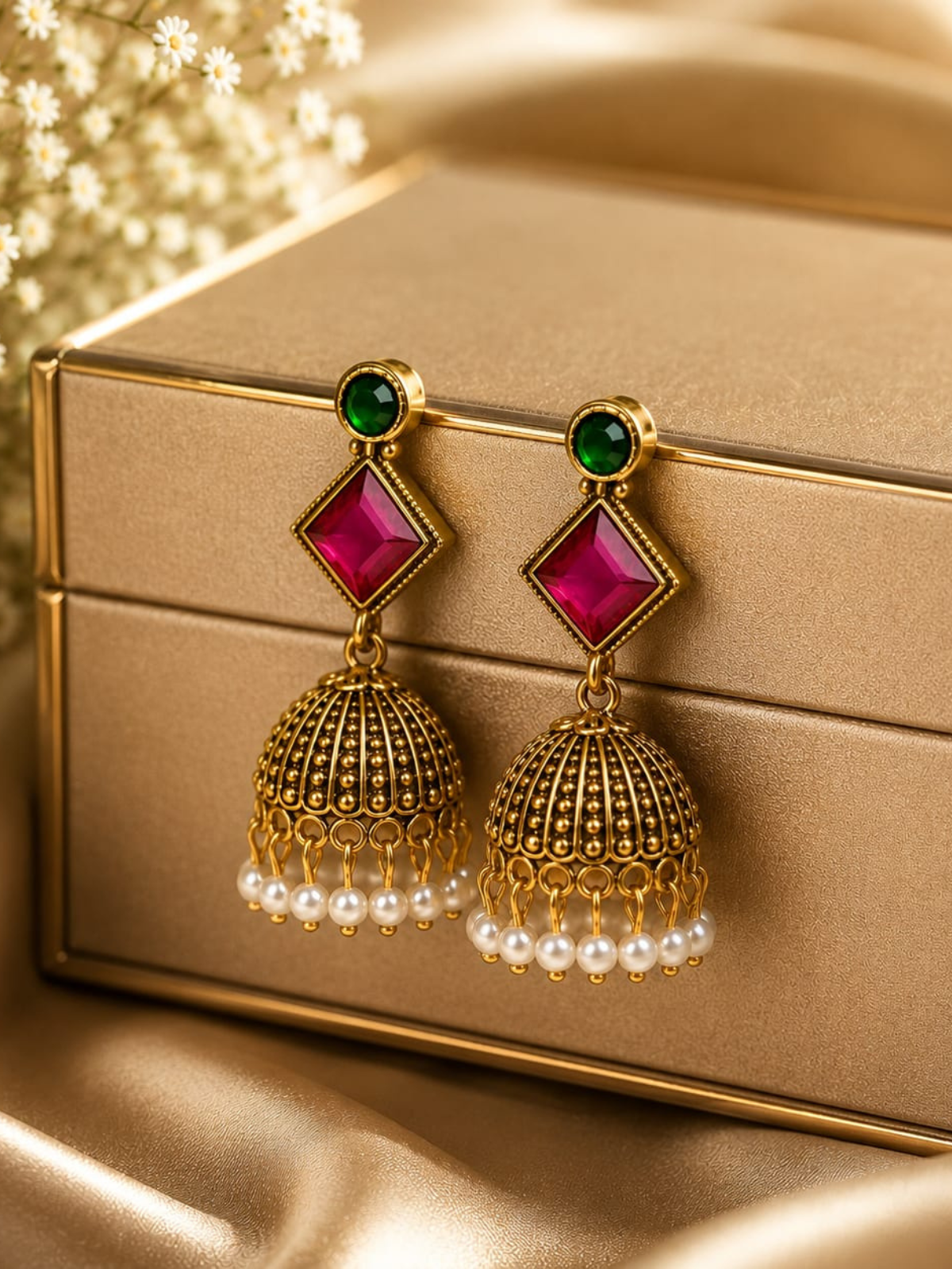 KAYAANSH Gold Plated Pink & Emerald Green Stone Jhumka Earrings with Pearl Drops for Women