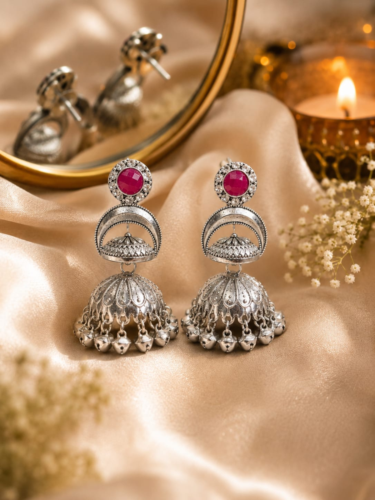 KAYAANSH Oxidized Silver Pink Stone Jhumka Earrings with Ghungroo Tassels for Women