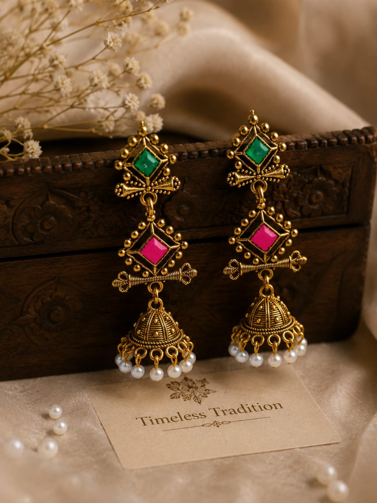 KAYAANSH Gold Plated Green & Pink Stone Traditional Jhumka Earrings with Pearl Drops for Women
