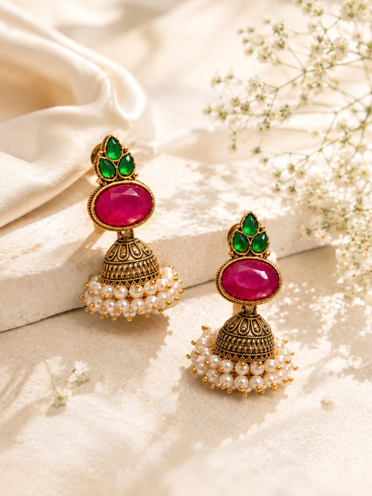 KAYAANSH Gold Plated Pink & Emerald Green Stone Jhumka Earrings with Pearl Cluster Drops for Women