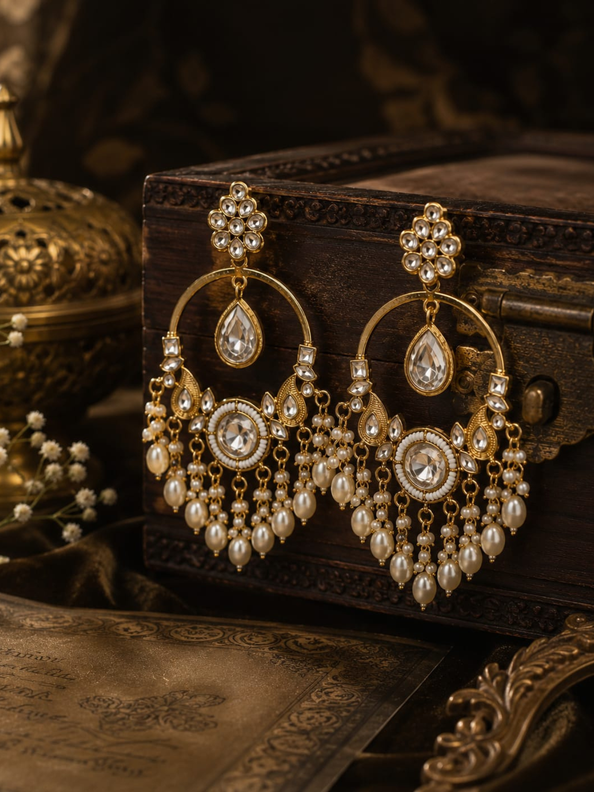 KAYAANSH Gold Plated Kundan Chandbali Earrings with Pearl Tassels for Women