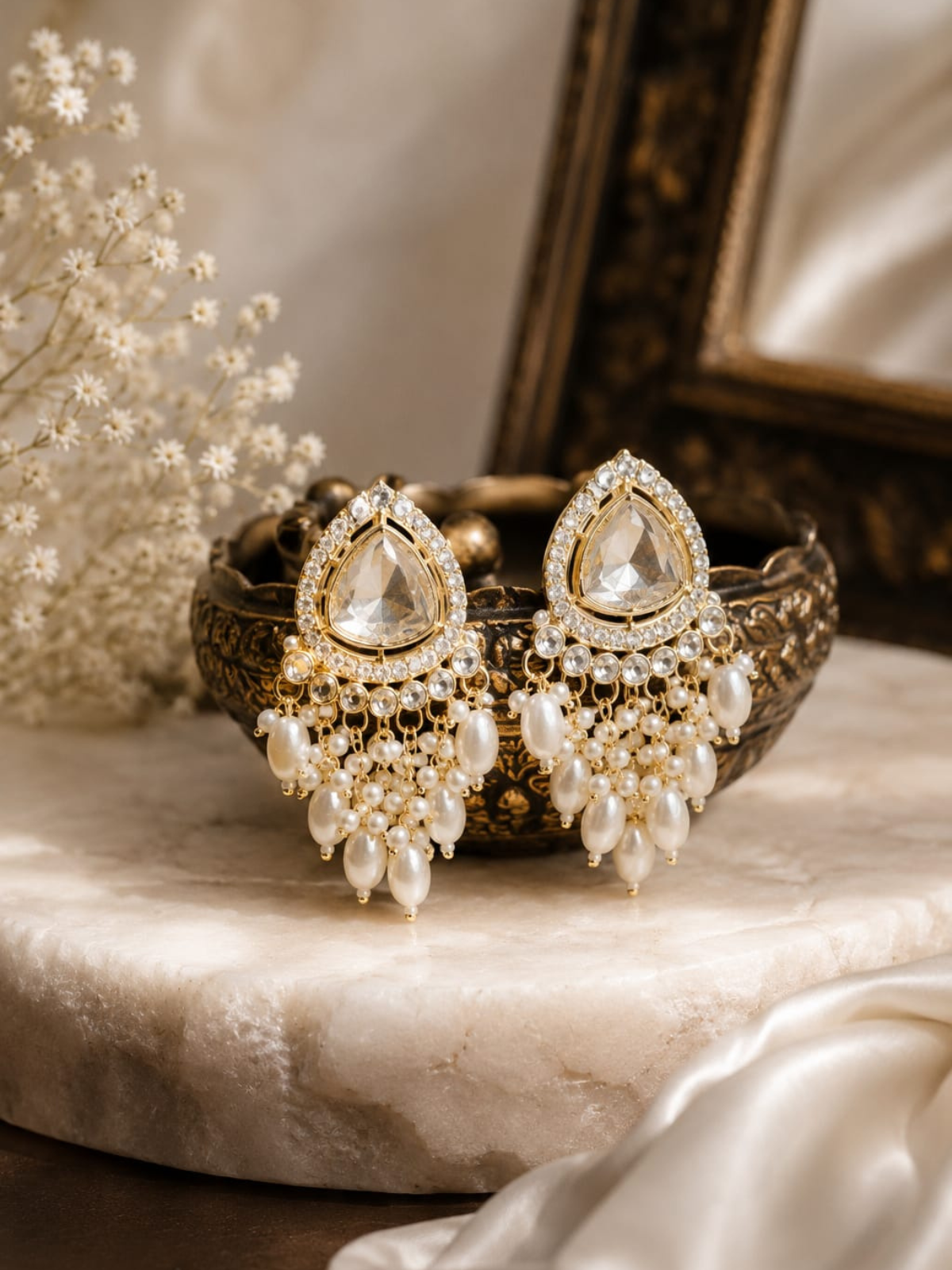 KAYAANSH Gold Plated Kundan Pearl Drop Statement Earrings for Women