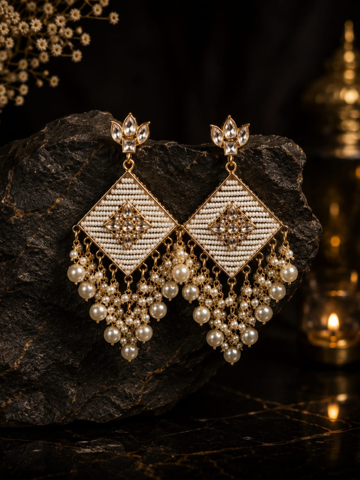 KAYAANSH Royal Pearl Tassel Kundan Statement Earrings for Women