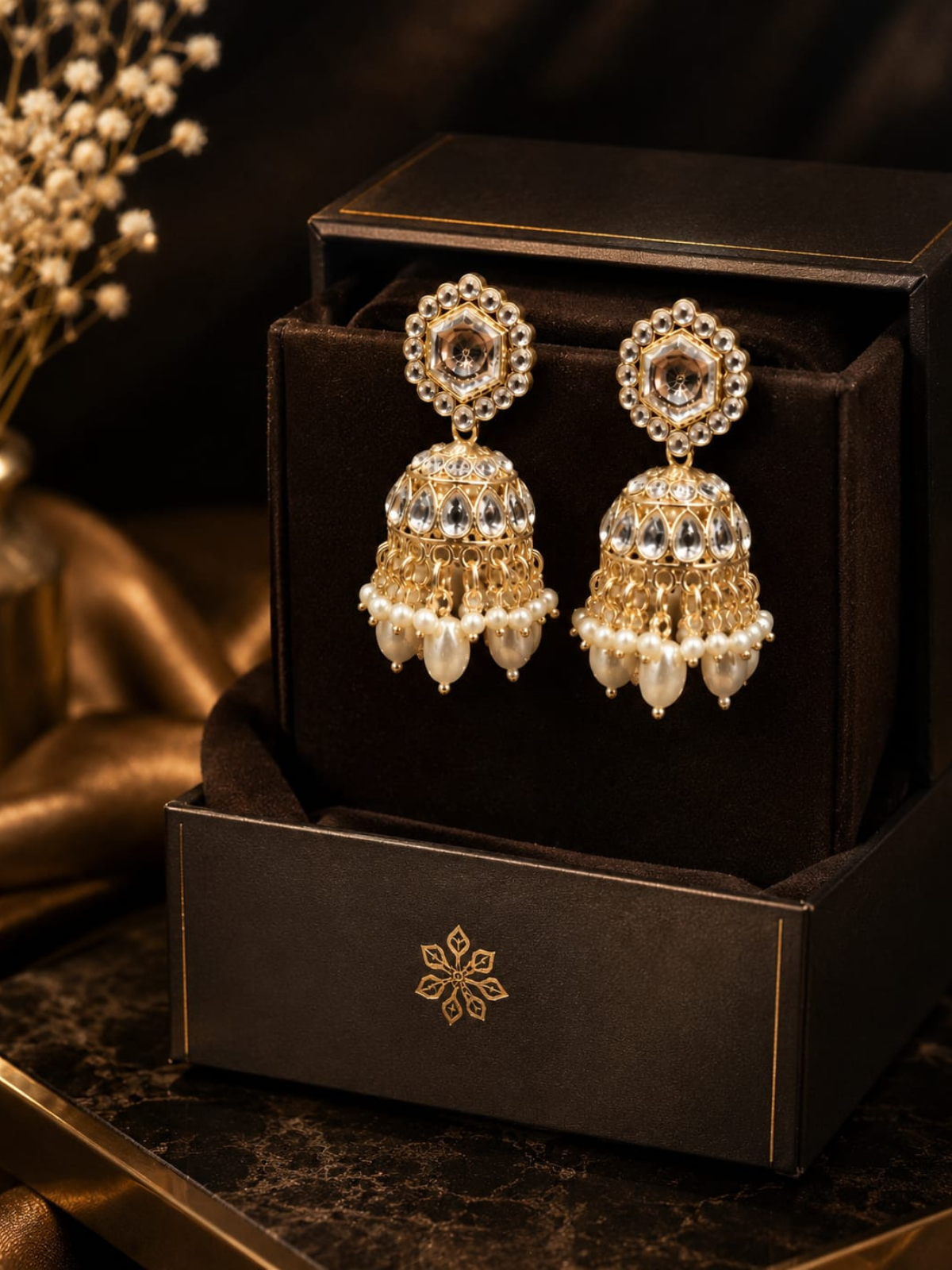 KAYAANSH Gold Plated Kundan Pearl Jhumka Earrings for Women