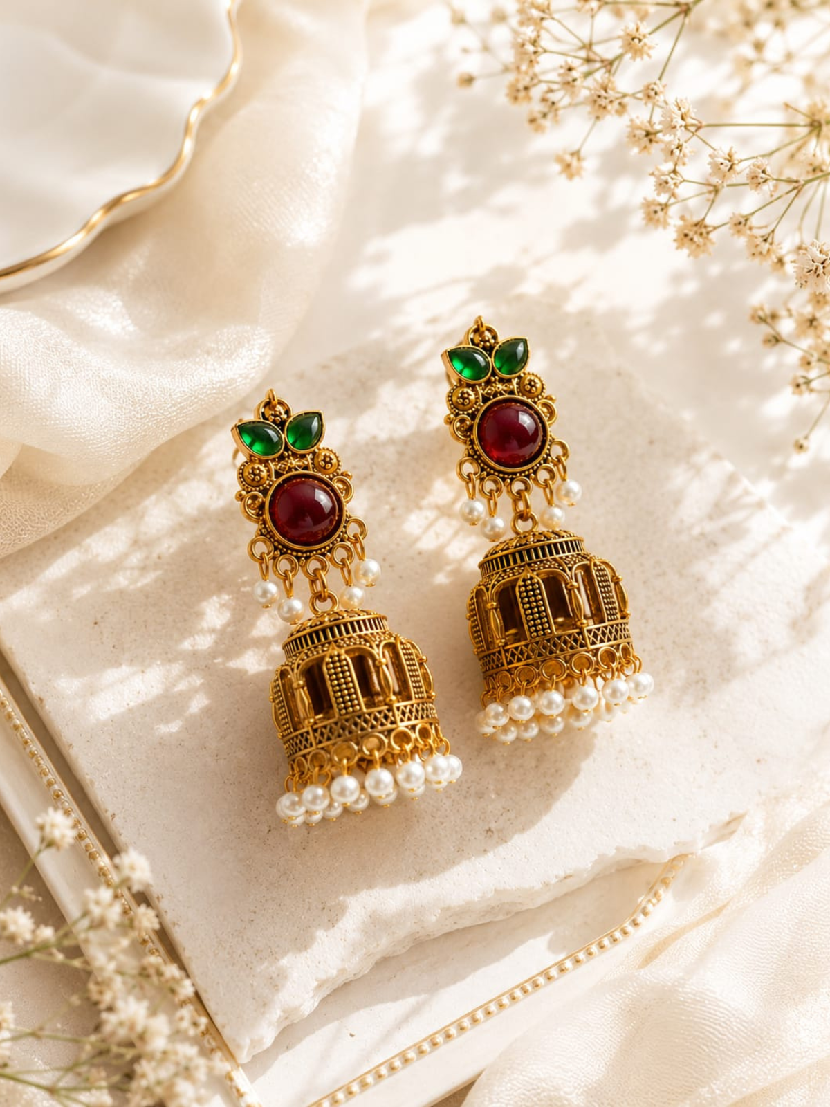 KAYAANSH Royal Heritage Temple Jhumka Earrings with Pearl Drops for Women