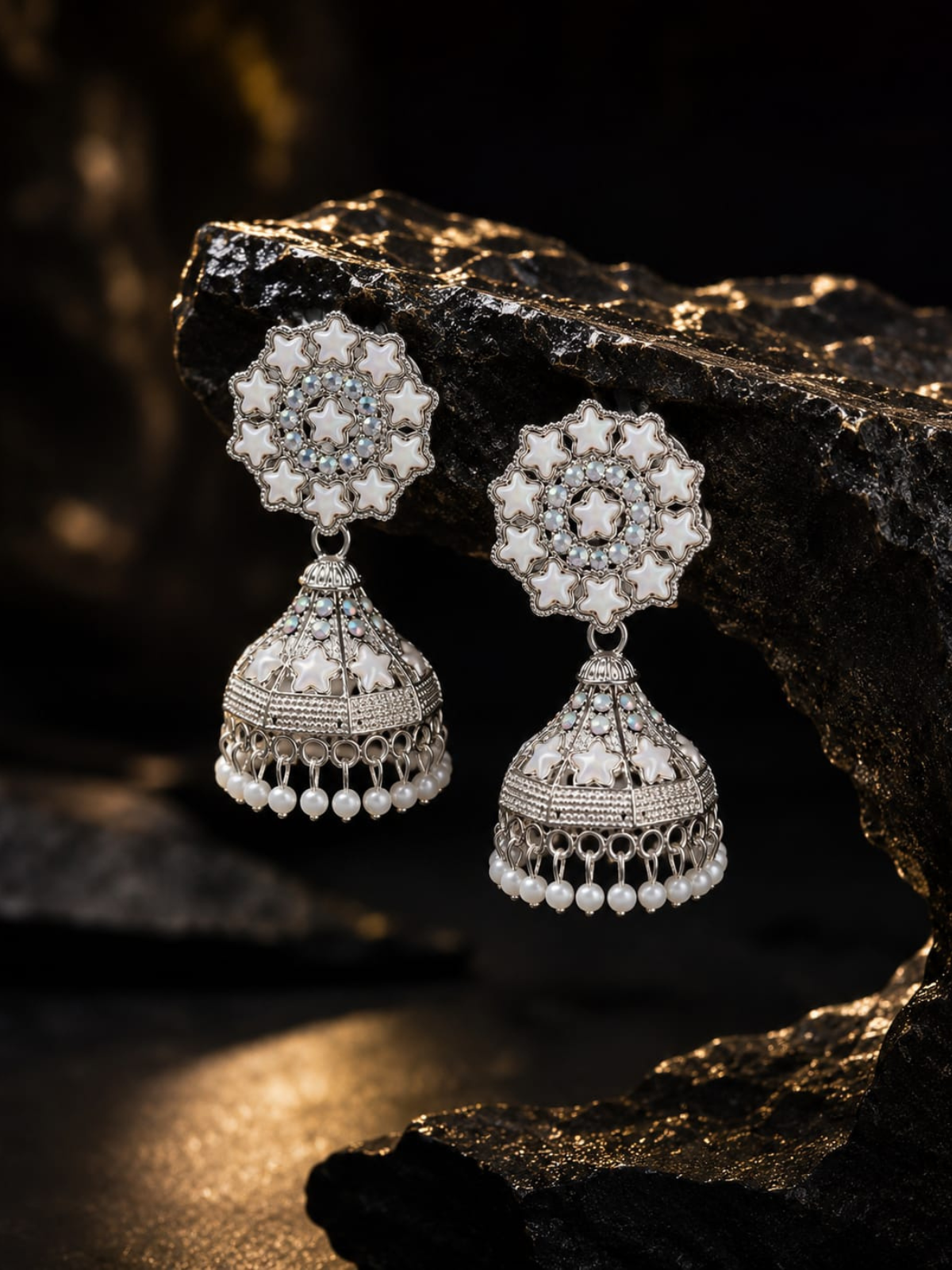 KAYAANSH Silver Plated Floral Pearl Jhumka Earrings for Women