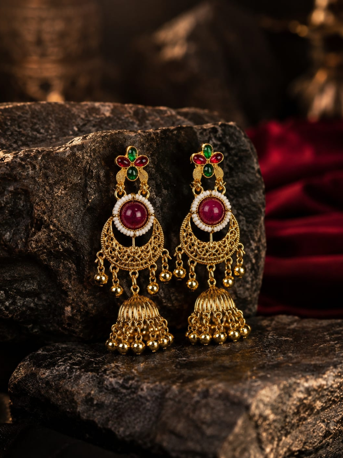 KAYAANSH Antique Gold Chandbali Jhumka Earrings with Ruby & Emerald Stones