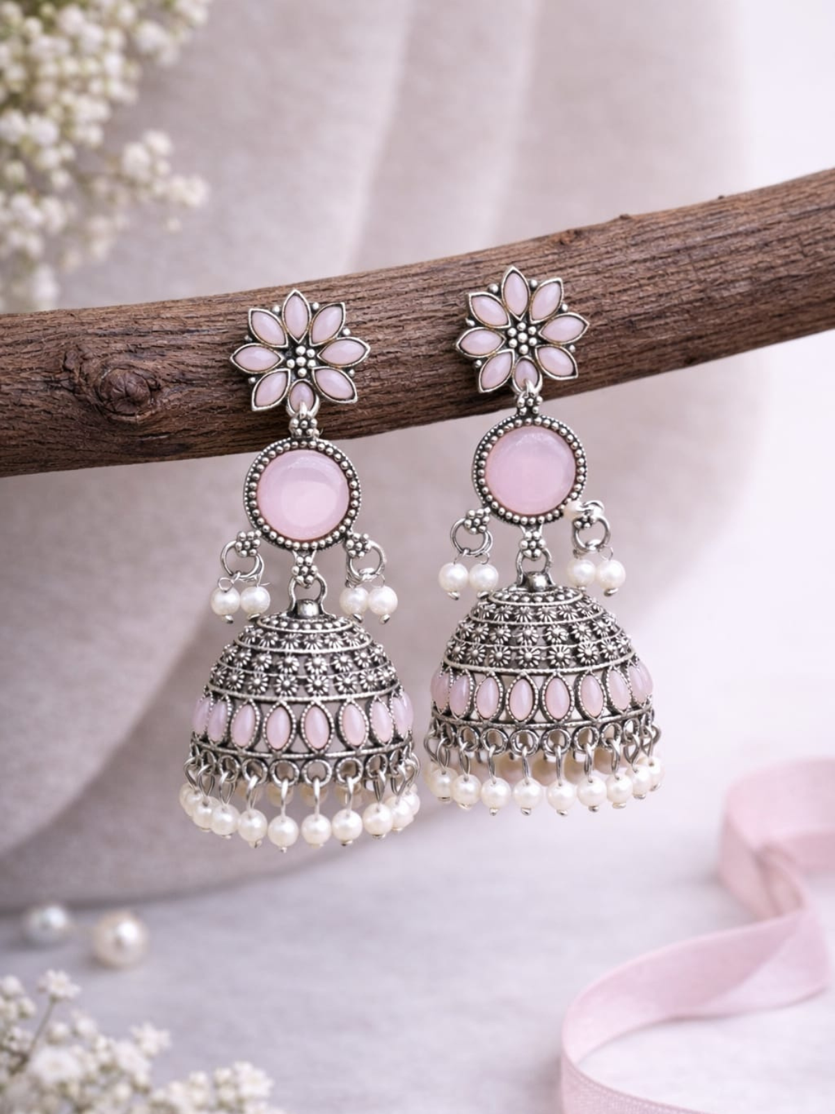 KAYAANSH Oxidized Silver Floral Pink Stone Jhumka Earrings with Pearl Drops for Women