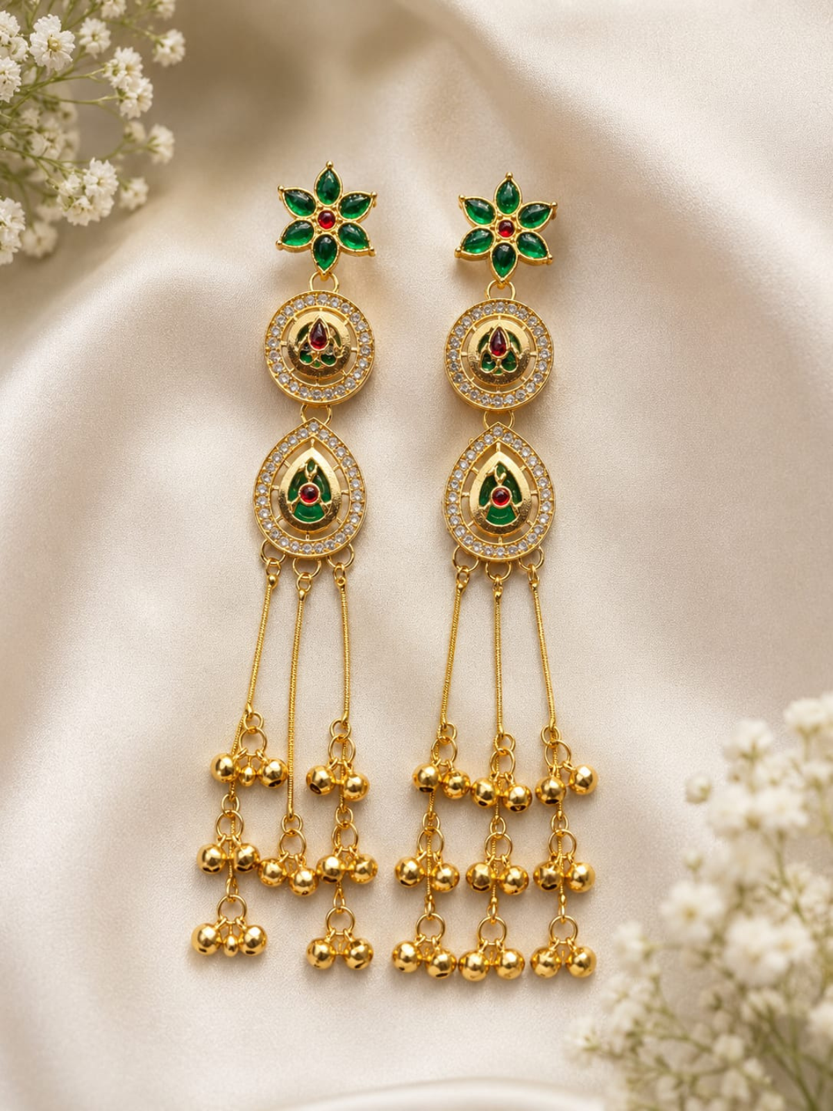 KAYAANSH Floral Green & Ruby Gold Plated Long Dangler Earrings for Women