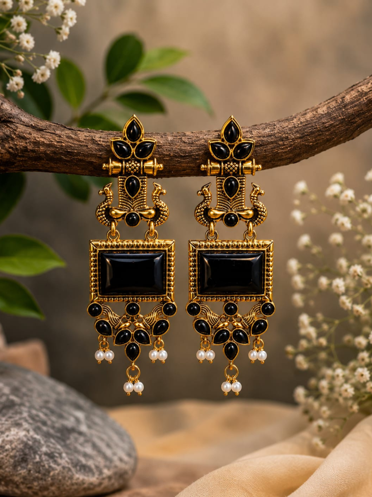 KAYAANSH Royal Black Stone Antique Gold Statement Earrings for Women