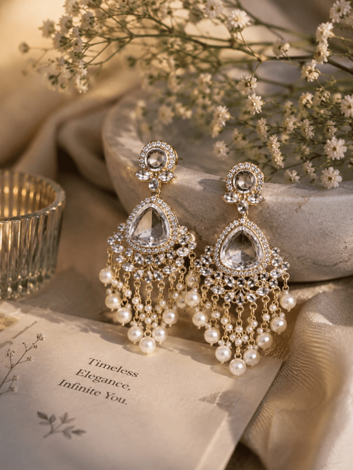 KAYAANSH Rose Pink Crystal Chandbali Earrings with Pearl Tassels for Women